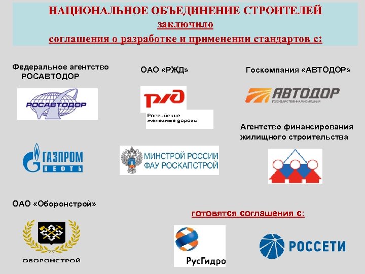 НАЦИОНАЛЬНОЕ ОБЪЕДИНЕНИЕ СТРОИТЕЛЕЙ заключило соглашения о разработке и применении стандартов с: Федеральное агентство РОСАВТОДОР