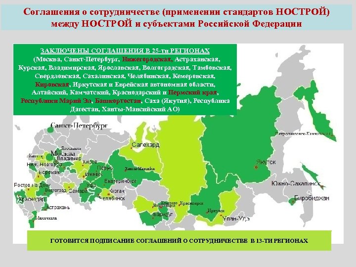 Соглашения о сотрудничестве (применении стандартов НОСТРОЙ) между НОСТРОЙ и субъектами Российской Федерации ЗАКЛЮЧЕНЫ СОГЛАШЕНИЯ