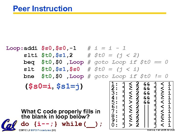 Peer Instruction Loop: addi $s 0, -1 # slti $t 0, $s 1, 2