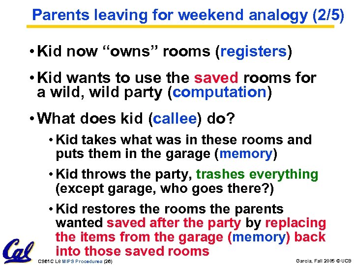 Parents leaving for weekend analogy (2/5) • Kid now “owns” rooms (registers) • Kid