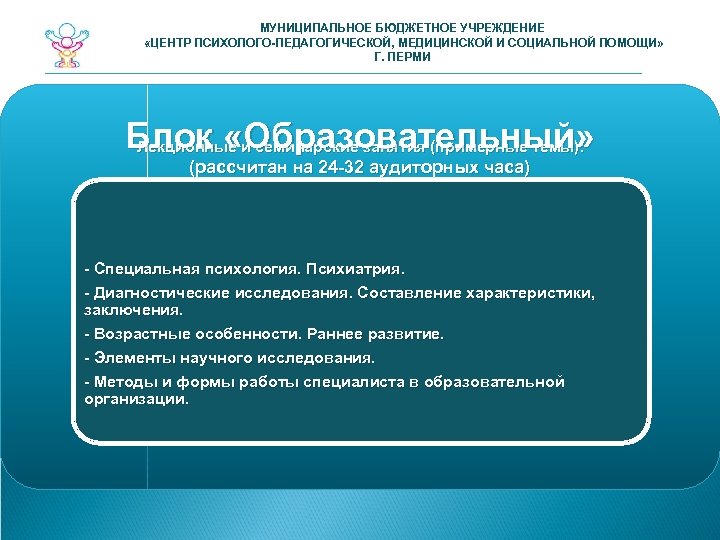 МУНИЦИПАЛЬНОЕ БЮДЖЕТНОЕ УЧРЕЖДЕНИЕ «ЦЕНТР ПСИХОЛОГО-ПЕДАГОГИЧЕСКОЙ, МЕДИЦИНСКОЙ И СОЦИАЛЬНОЙ ПОМОЩИ» Г. ПЕРМИ Блок «Образовательный» Лекционные