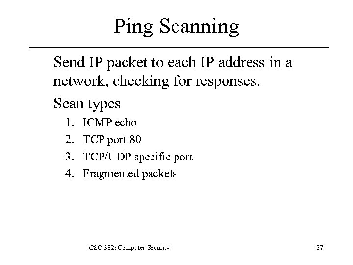 Ping Scanning Send IP packet to each IP address in a network, checking for