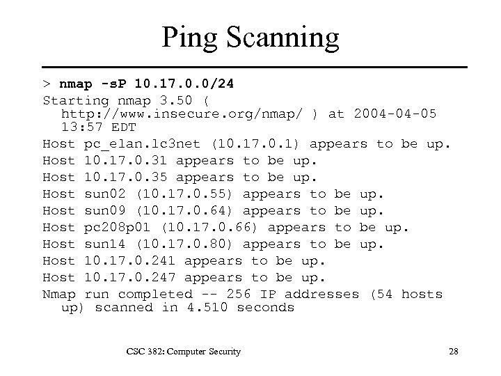 Ping Scanning > nmap -s. P 10. 17. 0. 0/24 Starting nmap 3. 50