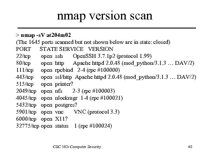 nmap version scan > nmap -s. V at 204 m 02 (The 1645 ports