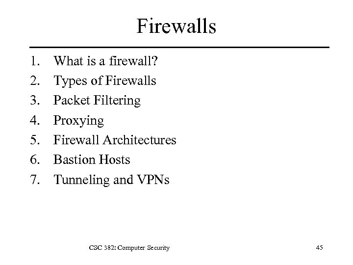 Firewalls 1. 2. 3. 4. 5. 6. 7. What is a firewall? Types of
