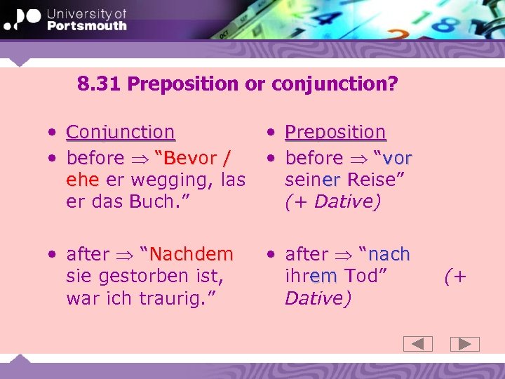8. 31 Preposition or conjunction? • Conjunction • before “Bevor / ehe er wegging,