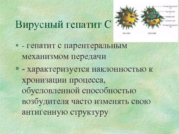 Вирусный гепатит С § - гепатит с парентеральным механизмом передачи § - характеризуется наклонностью