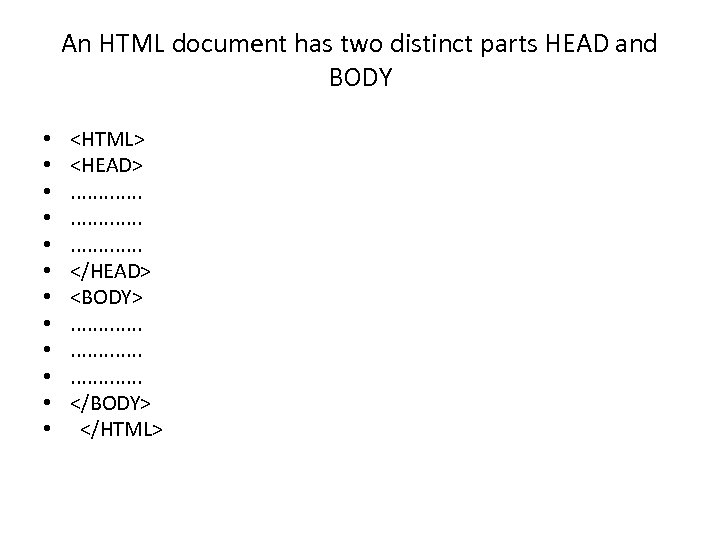An HTML document has two distinct parts HEAD and BODY • • • <HTML>