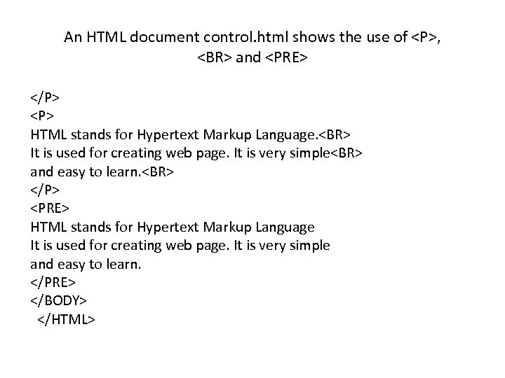 An HTML document control. html shows the use of <P>, <BR> and <PRE> </P>