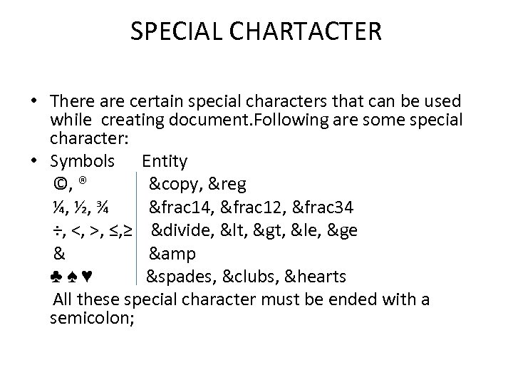 SPECIAL CHARTACTER • There are certain special characters that can be used while creating