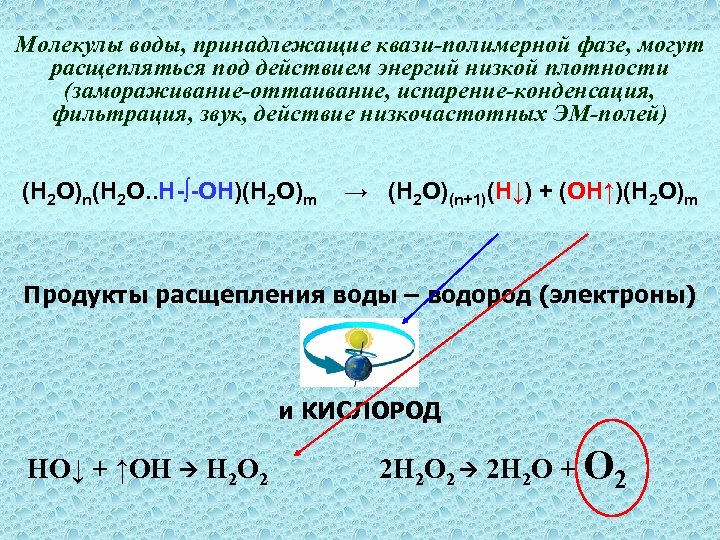 Молекулы воды, принадлежащие квази-полимерной фазе, могут расщепляться под действием энергий низкой плотности (замораживание-оттаивание, испарение-конденсация,