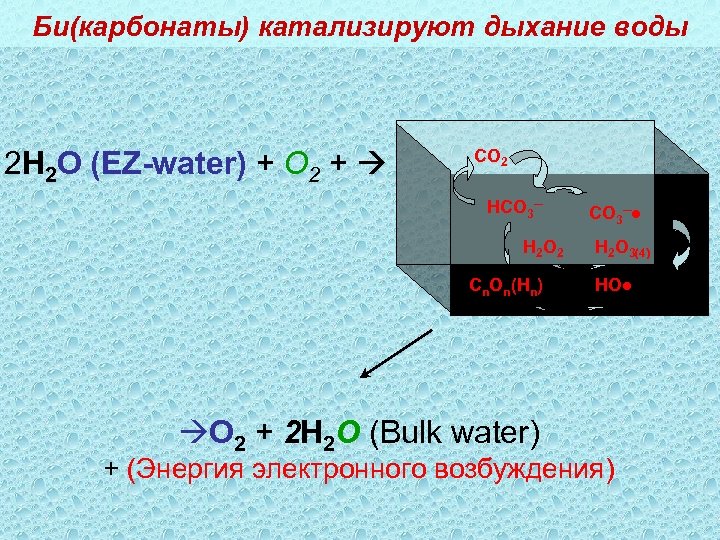 Би(карбонаты) катализируют дыхание воды 2 H 2 O (EZ-water) + O 2 + CO