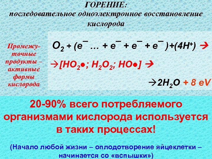 ГОРЕНИЕ: последовательное одноэлектронное восстановление кислорода Промежуточные продукты – активные формы кислорода O 2 +