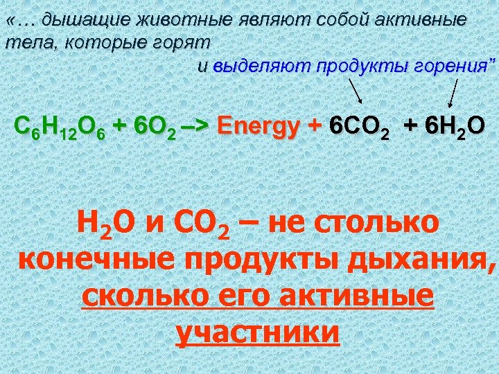  «… дышащие животные являют собой активные тела, которые горят и выделяют продукты горения”