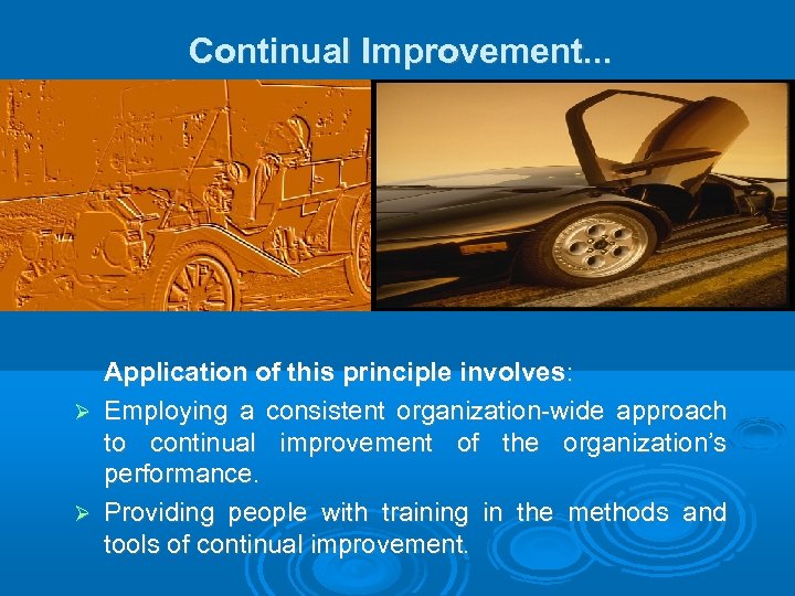 Continual Improvement. . . Application of this principle involves: Employing a consistent organization-wide approach