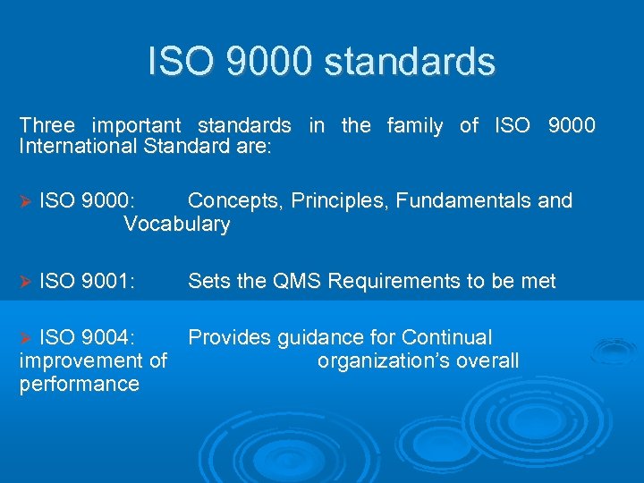 ISO 9000 standards Three important standards in the family of ISO 9000 International Standard