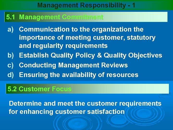 Management Responsibility - 1 5. 1 Management Commitment a) Communication to the organization the