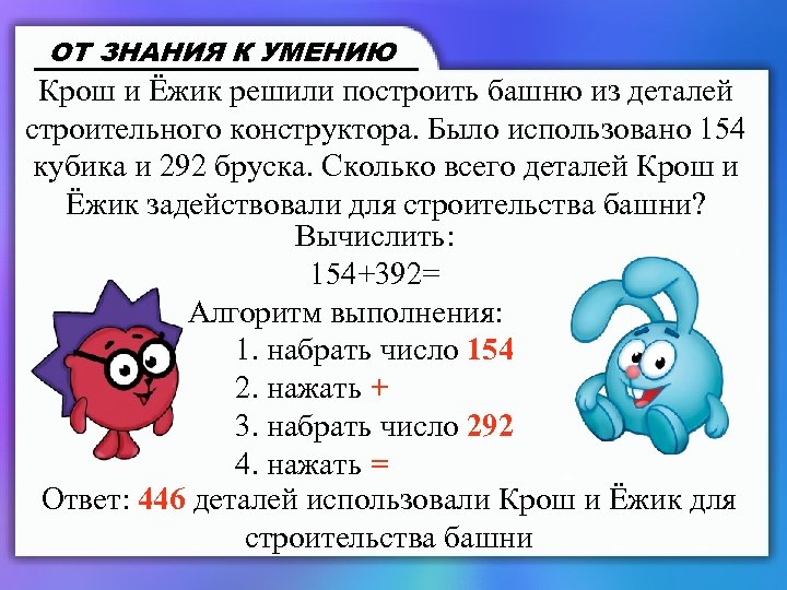 ОТ ЗНАНИЯ К УМЕНИЮ Крош и Ёжик решили построить башню из деталей строительного конструктора.