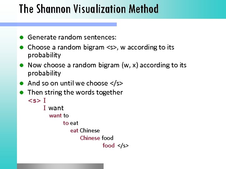 The Shannon Visualization Method l l l Generate random sentences: Choose a random bigram