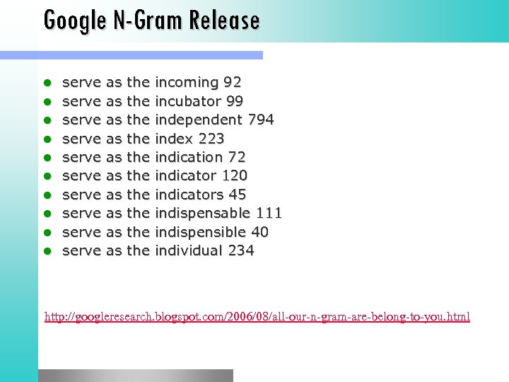 Google N-Gram Release l l l l l serve serve serve as as as