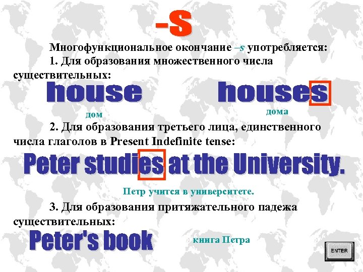 Многофункциональное окончание –s употребляется: 1. Для образования множественного числа существительных: дома дом 2. Для