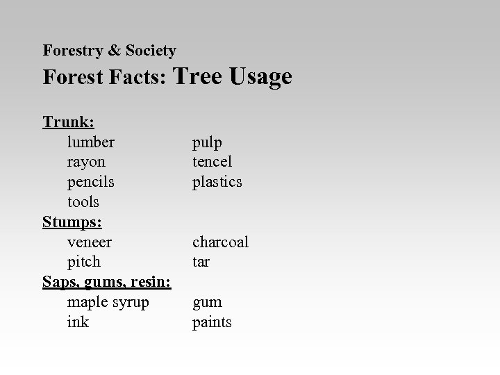 Forestry & Society Forest Facts: Tree Usage Trunk: lumber rayon pencils tools Stumps: veneer