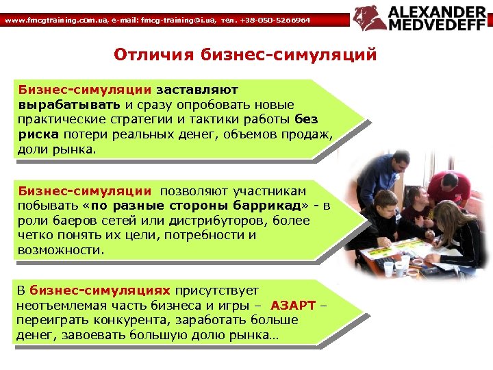 www. fmcgtraining. com. ua, e-mail: fmcg-training@i. ua, тел. +38 -050 -5266964 Отличия бизнес-симуляций Бизнес-симуляции