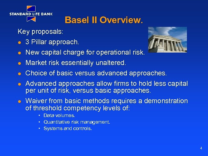 Basel II Overview. Key proposals: l 3 Pillar approach. l New capital charge for