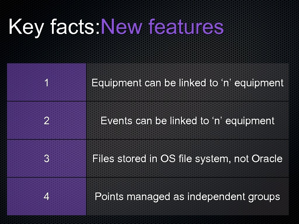 Key facts: New features 1 Equipment can be linked to ‘n’ equipment 2 Events