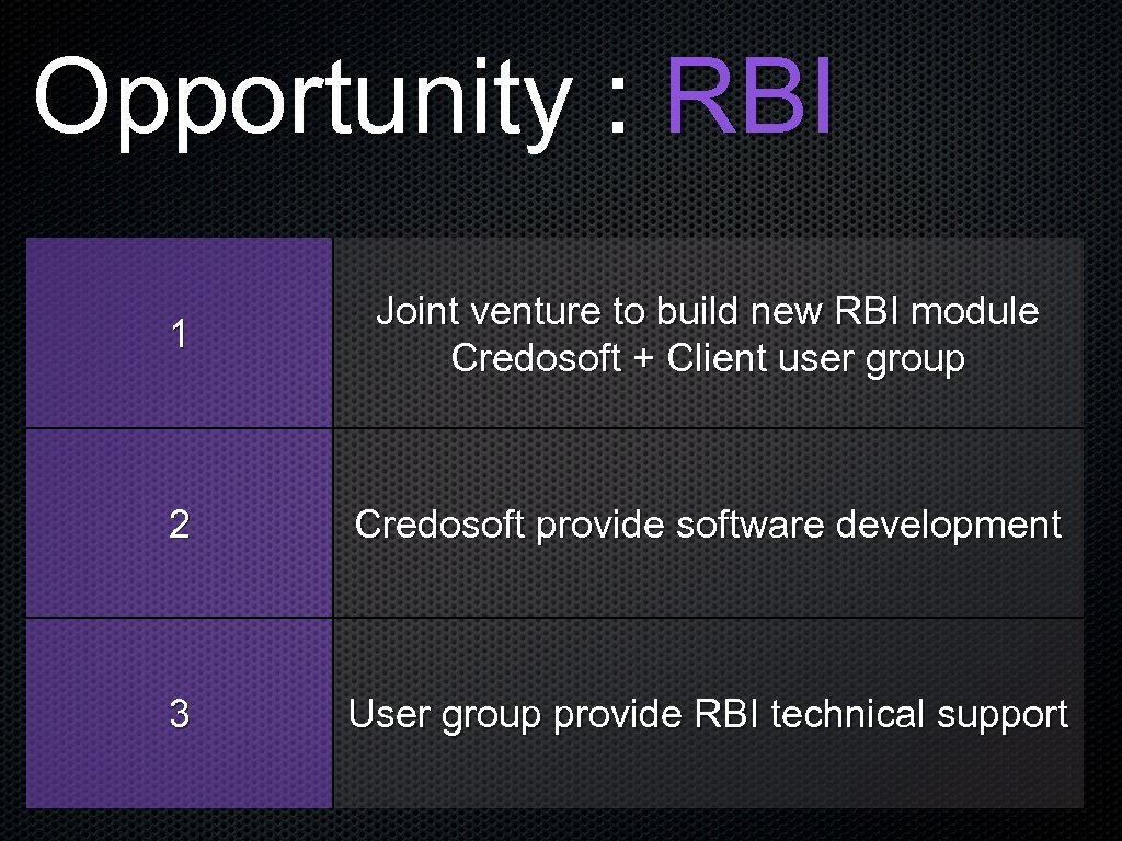 Opportunity : RBI 1 Joint venture to build new RBI module Credosoft + Client
