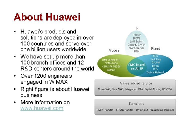 About Huawei • Huawei’s products and solutions are deployed in over 100 countries and