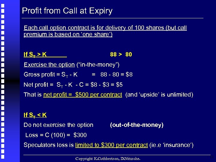 Profit from Call at Expiry Each call option contract is for delivery of 100