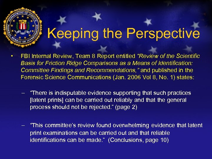 Keeping the Perspective • FBI Internal Review, Team 8 Report entitled “Review of the