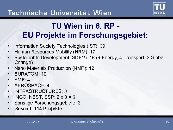 TU Wien im 6. RP EU Projekte im Forschungsgebiet: • Information Society Technologies (IST):