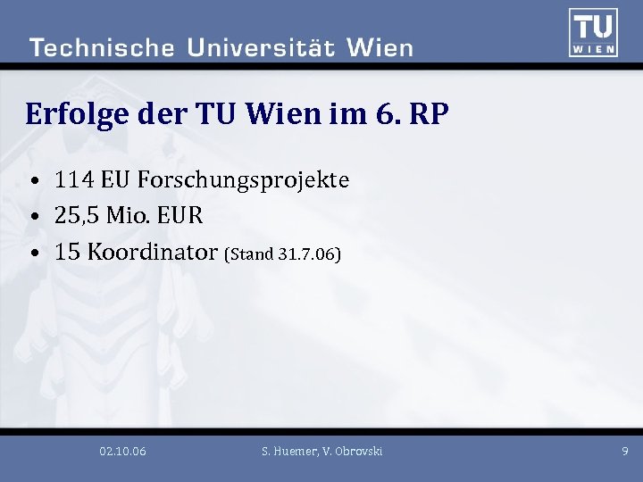 Erfolge der TU Wien im 6. RP • 114 EU Forschungsprojekte • 25, 5