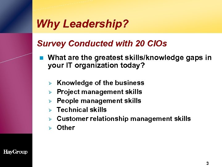 Why Leadership? Survey Conducted with 20 CIOs n What are the greatest skills/knowledge gaps
