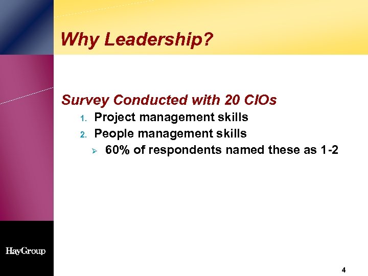 Why Leadership? Survey Conducted with 20 CIOs 1. 2. Project management skills People management