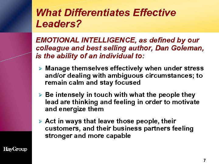 What Differentiates Effective Leaders? EMOTIONAL INTELLIGENCE, as defined by our colleague and best selling