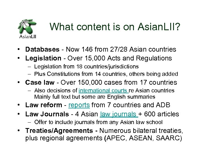 What content is on Asian. LII? • Databases - Now 146 from 27/28 Asian