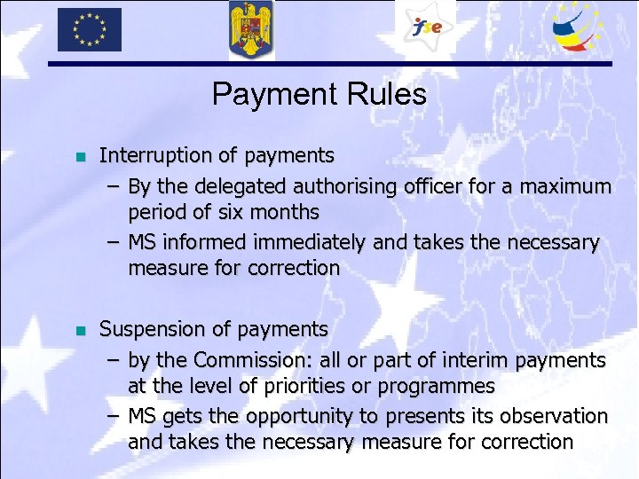 Payment Rules n Interruption of payments – By the delegated authorising officer for a