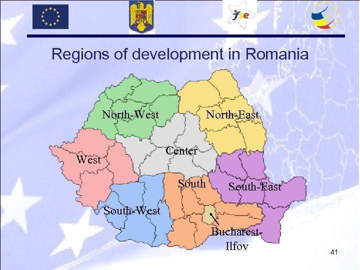 Regions of development in Romania North-West North-East Center West South-East South-West Bucharest. Ilfov 41