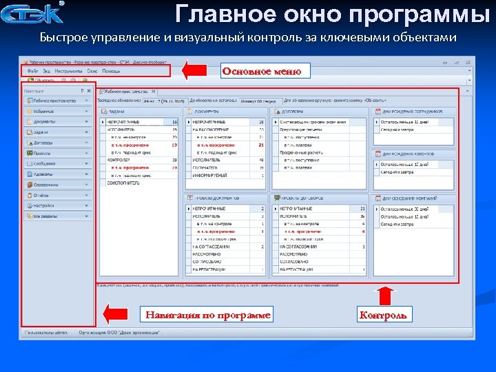 Главное окно программы Быстрое управление и визуальный контроль за ключевыми объектами Основное меню Навигация