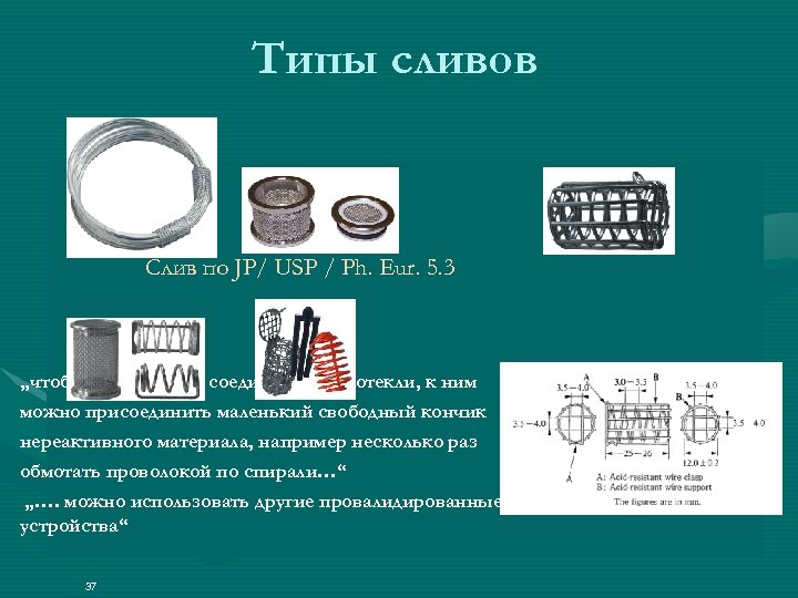 Типы сливов Слив по JP/ USP / Ph. Eur. 5. 3 „чтоб дозированные соединения
