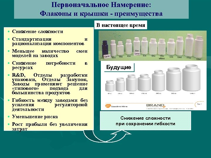 Первоначальное Намерение: Флаконы и крышки - преимущества В настоящее время • Снижение сложности •