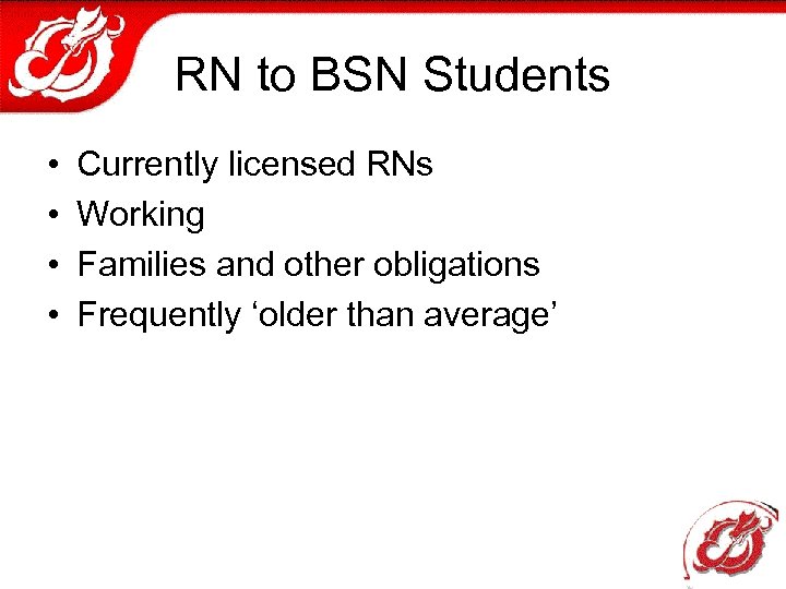RN to BSN Students • • Currently licensed RNs Working Families and other obligations
