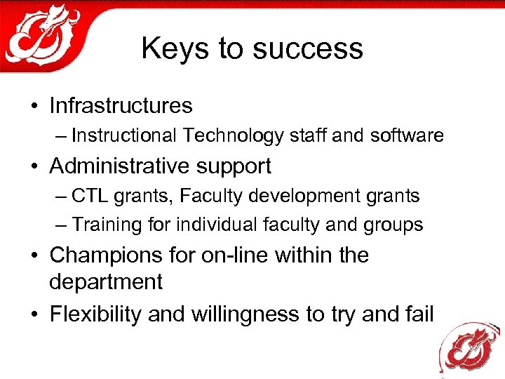 Keys to success • Infrastructures – Instructional Technology staff and software • Administrative support