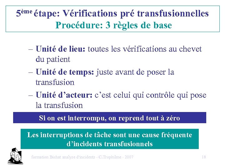 5ème étape: Vérifications pré transfusionnelles Procédure: 3 règles de base – Unité de lieu: