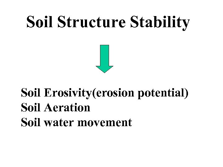 Soil Structure Stability Soil Erosivity(erosion potential) Soil Aeration Soil water movement 