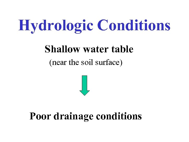 Hydrologic Conditions Shallow water table (near the soil surface) Poor drainage conditions 