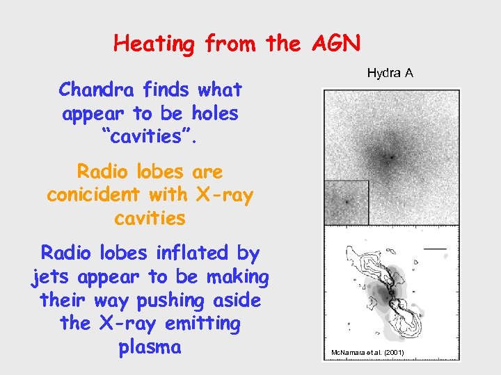 Heating from the AGN Chandra finds what appear to be holes “cavities”. Hydra A